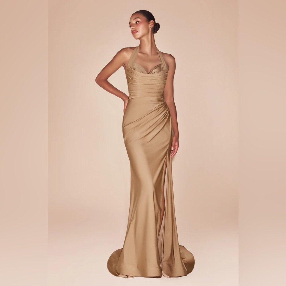 Satin Fitted Long Halter Slit Dress by Ladivine CD796
Nude gold
